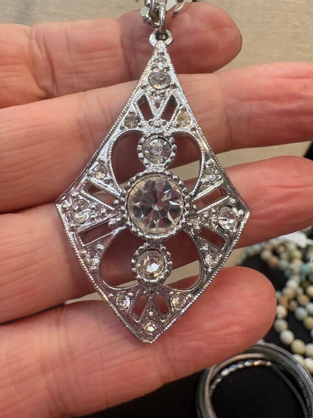 Vintage Monet Rhinestone Pendant Necklace Silver Tone Art Deco Style